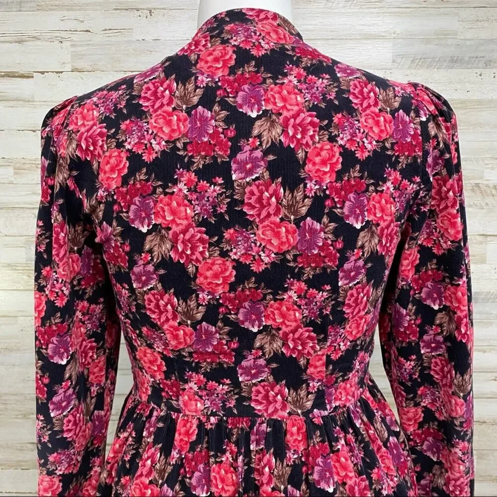 Laura Ashley Vintage Floral Corduroy Dress Womens Size 10 Pink Black Velvet Trim - Picture 11 of 16